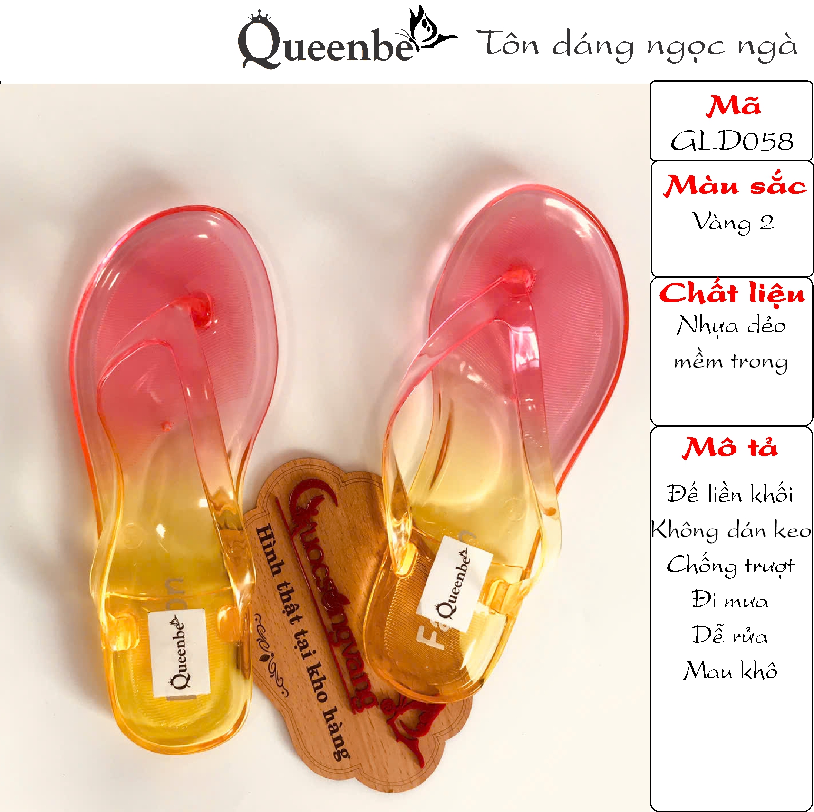 Queenbe Dép nhựa nữ trong suốt GLD058 nhựa dẻo chống trượt đi mưa