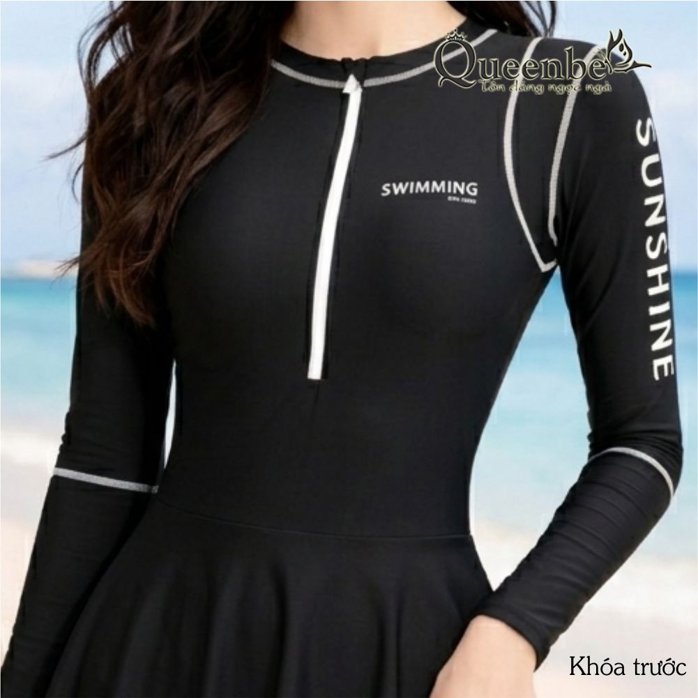 Váy bơi nữ kiểu thể thao Queenbe GLSWIM105 vải polyester co giãn ít thấm hút, mau khô, thân liền trong có quần an toàn, kèm mút ngực