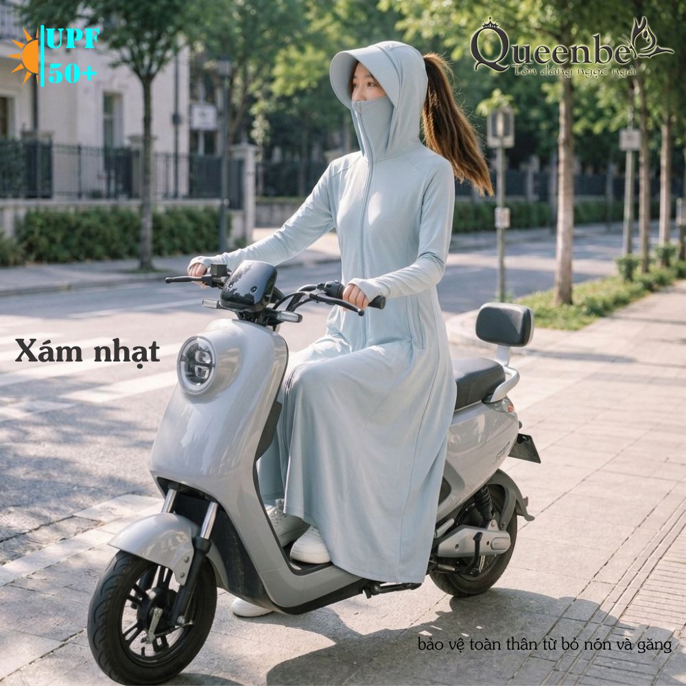 Váy chống nắng dài chống UVF50 liền nón và khẩu trang Queenbe GLSET046 vải polyester lụa cách nhiệt chống nóng kháng UV