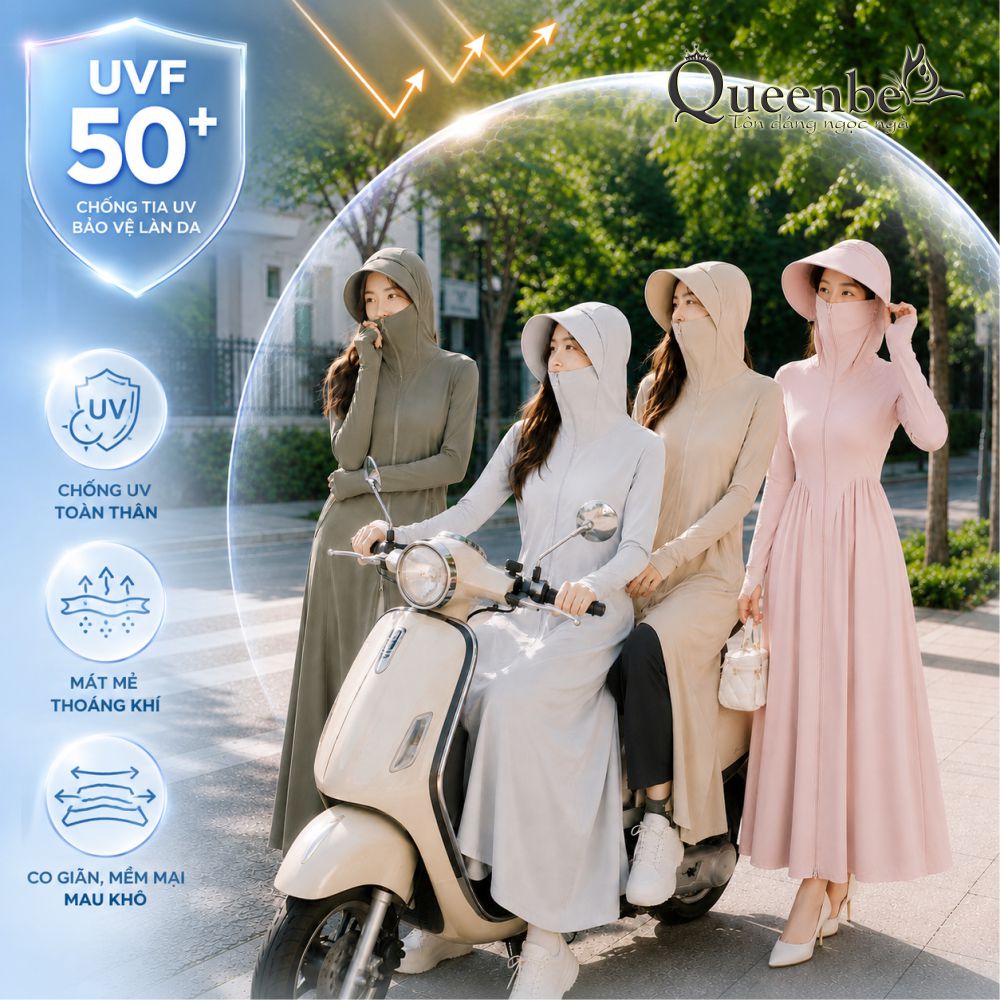 Váy chống nắng dài chống UVF50 liền nón và khẩu trang Queenbe GLSET046 vải polyester lụa cách nhiệt chống nóng kháng UV