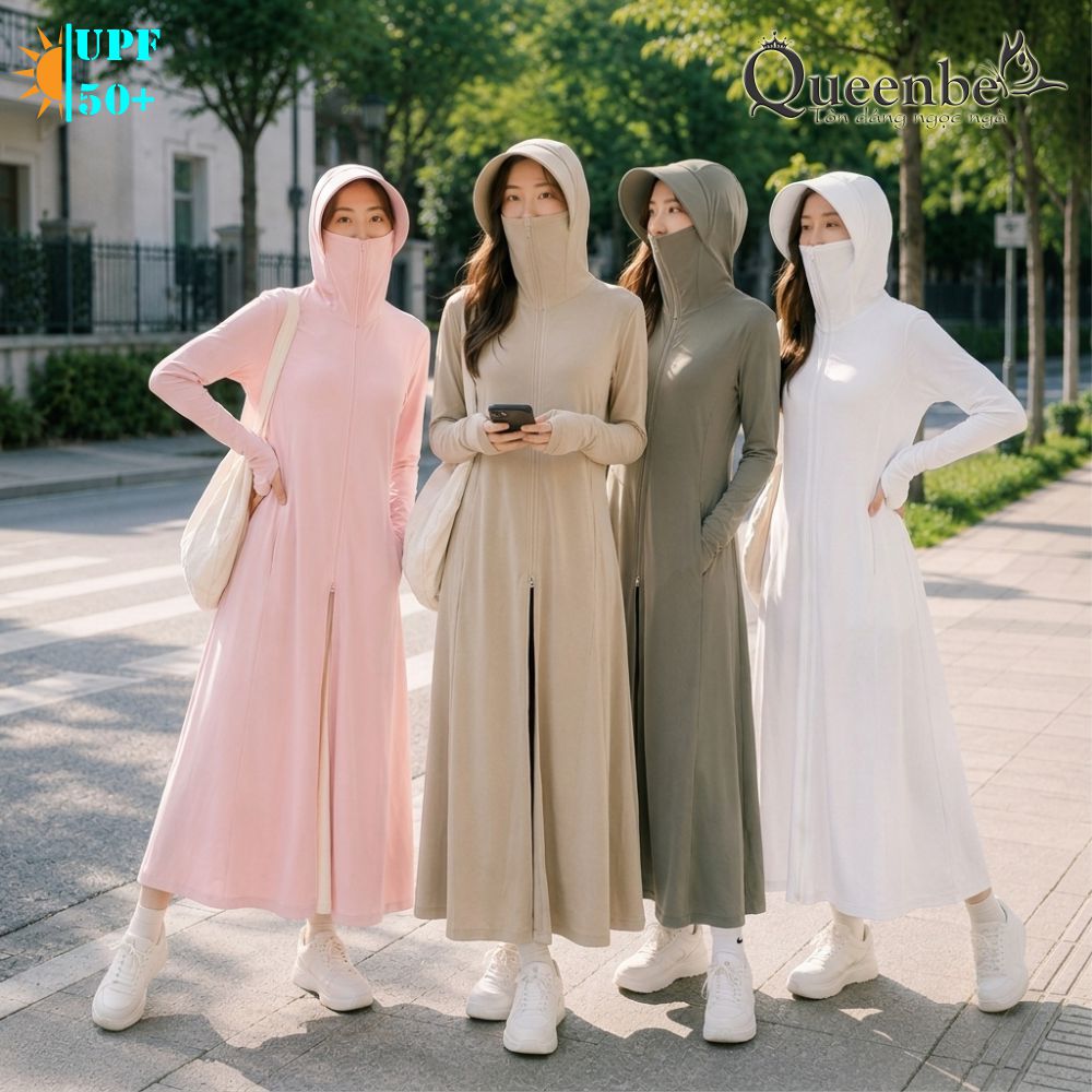 Váy chống nắng dài chống UVF50 liền nón và khẩu trang Queenbe GLSET046 vải polyester lụa cách nhiệt chống nóng kháng UV