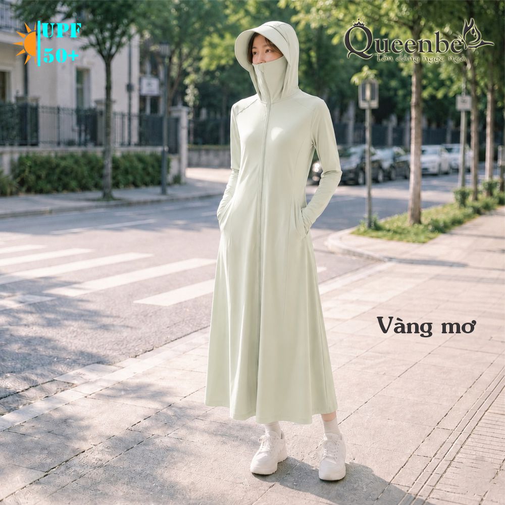Váy chống nắng dài chống UVF50 liền nón và khẩu trang Queenbe GLSET046 vải polyester lụa cách nhiệt chống nóng kháng UV