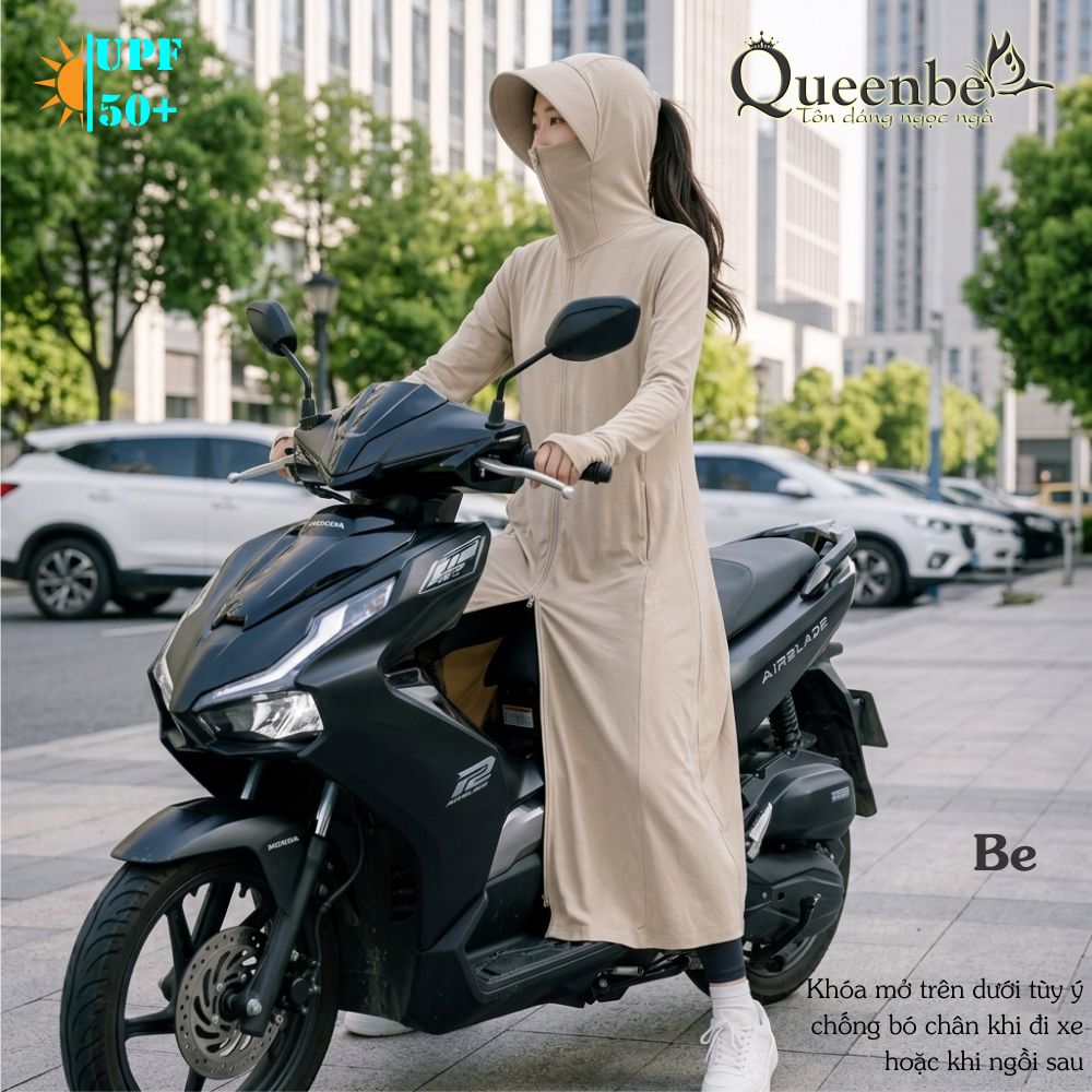 Váy chống nắng dài chống UVF50 liền nón và khẩu trang Queenbe GLSET046 vải polyester lụa cách nhiệt chống nóng kháng UV