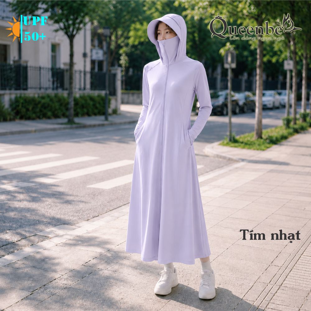 Váy chống nắng dài chống UVF50 liền nón và khẩu trang Queenbe GLSET046 vải polyester lụa cách nhiệt chống nóng kháng UV