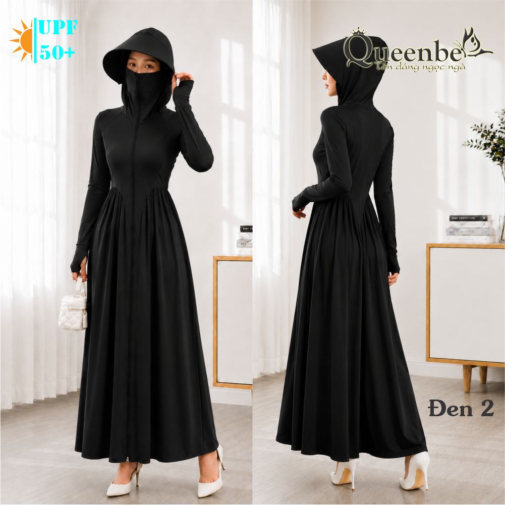 Váy chống nắng dài chống UVF50 liền nón và khẩu trang Queenbe GLSET046 vải polyester lụa cách nhiệt chống nóng kháng UV