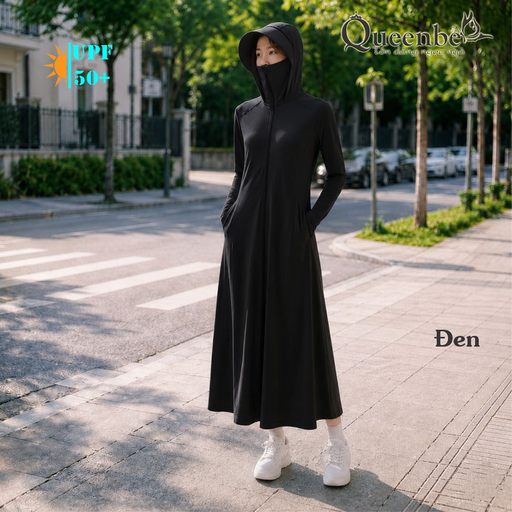 Váy chống nắng dài chống UVF50 liền nón và khẩu trang Queenbe GLSET046 vải polyester lụa cách nhiệt chống nóng kháng UV
