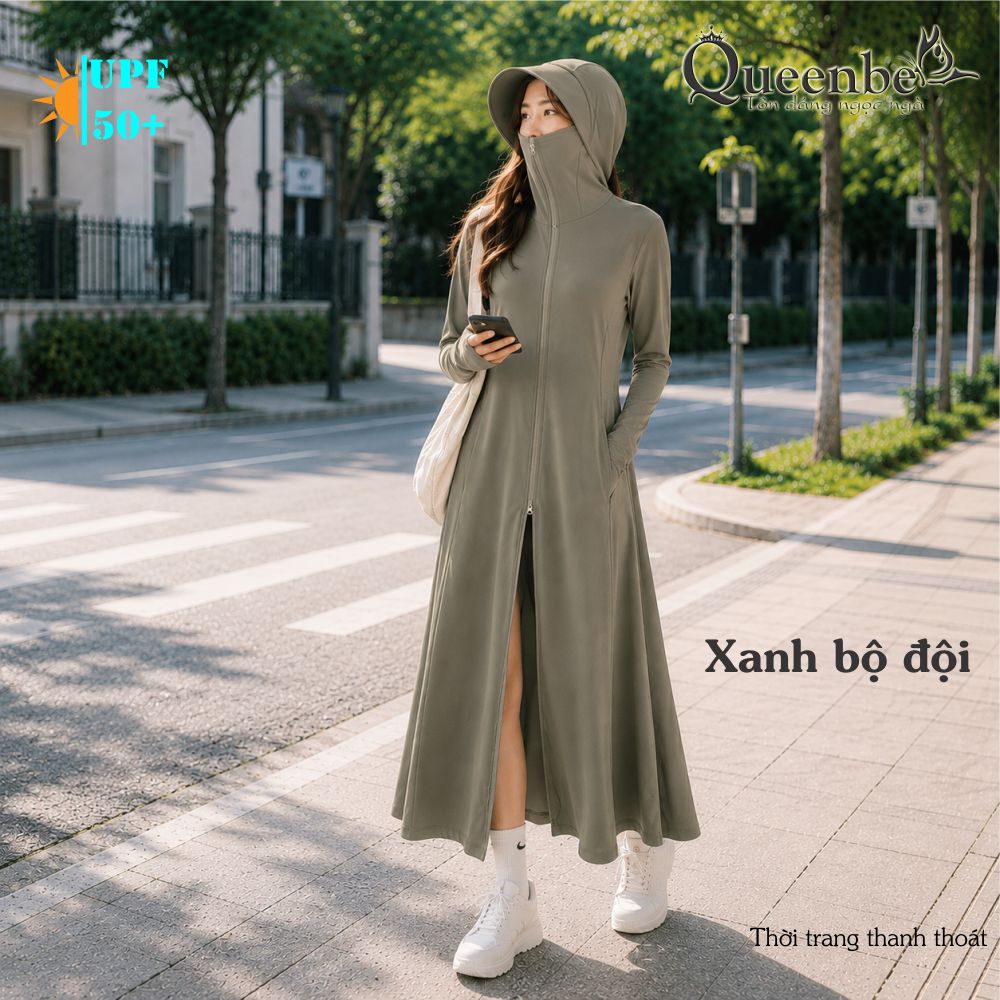Váy chống nắng dài chống UVF50 liền nón và khẩu trang Queenbe GLSET046 vải polyester lụa cách nhiệt chống nóng kháng UV