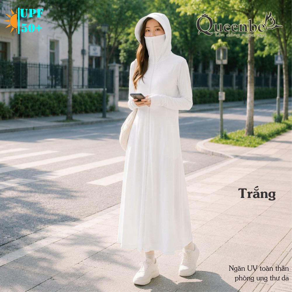 Váy chống nắng dài chống UVF50 liền nón và khẩu trang Queenbe GLSET046 vải polyester lụa cách nhiệt chống nóng kháng UV