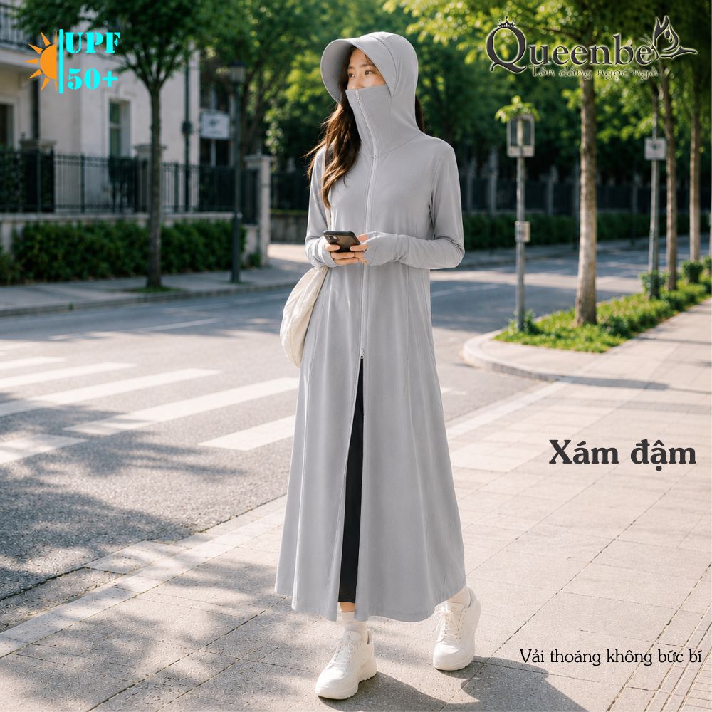 Váy chống nắng dài chống UVF50 liền nón và khẩu trang Queenbe GLSET046 vải polyester lụa cách nhiệt chống nóng kháng UV