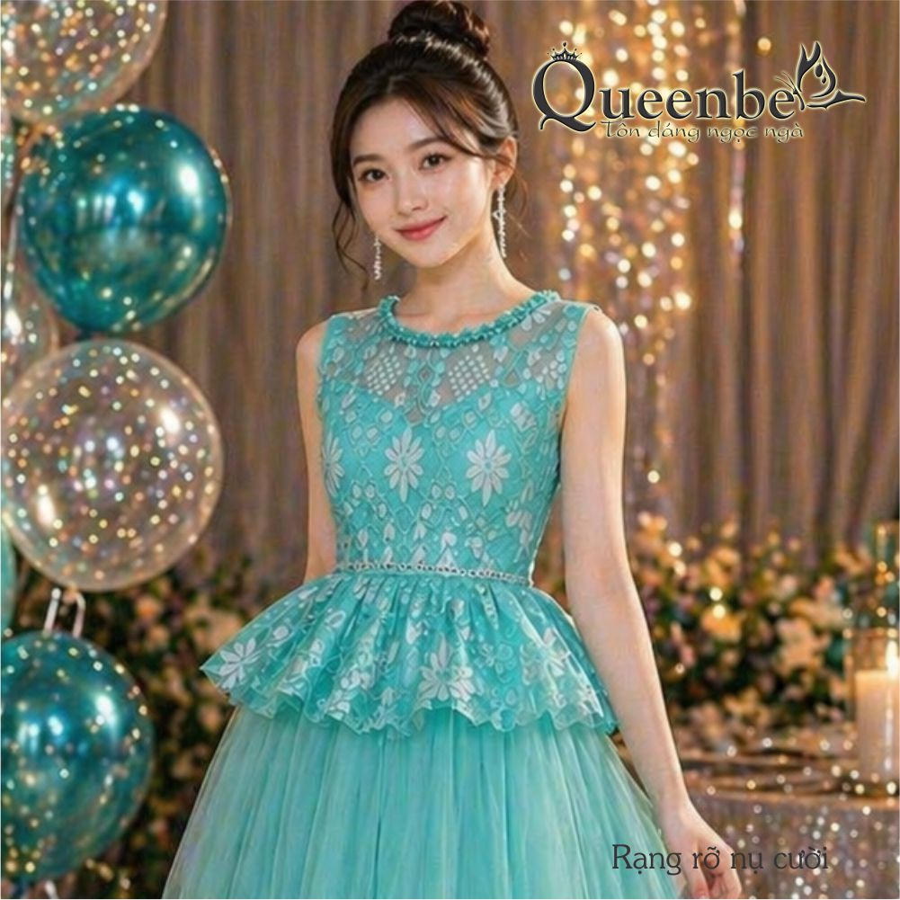 Váy đầm bé gái cổ cườm Queenbe GLV134 ren lưới dáng bồng - dự tiệc - chơi lễ