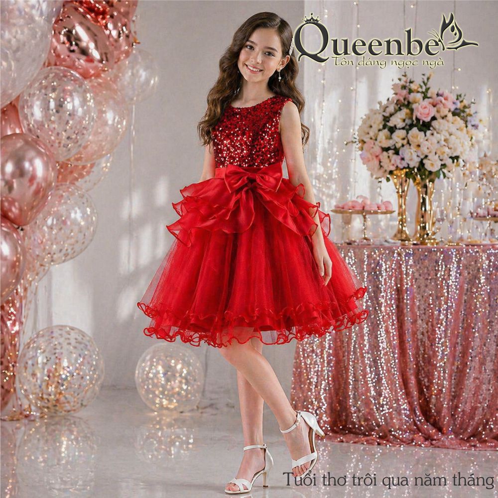 Váy đầm bé gái đính cườm Queenbe GLV103 thân váy bồng - lót mềm - dự tiệc - chơi lễ - sang trọng