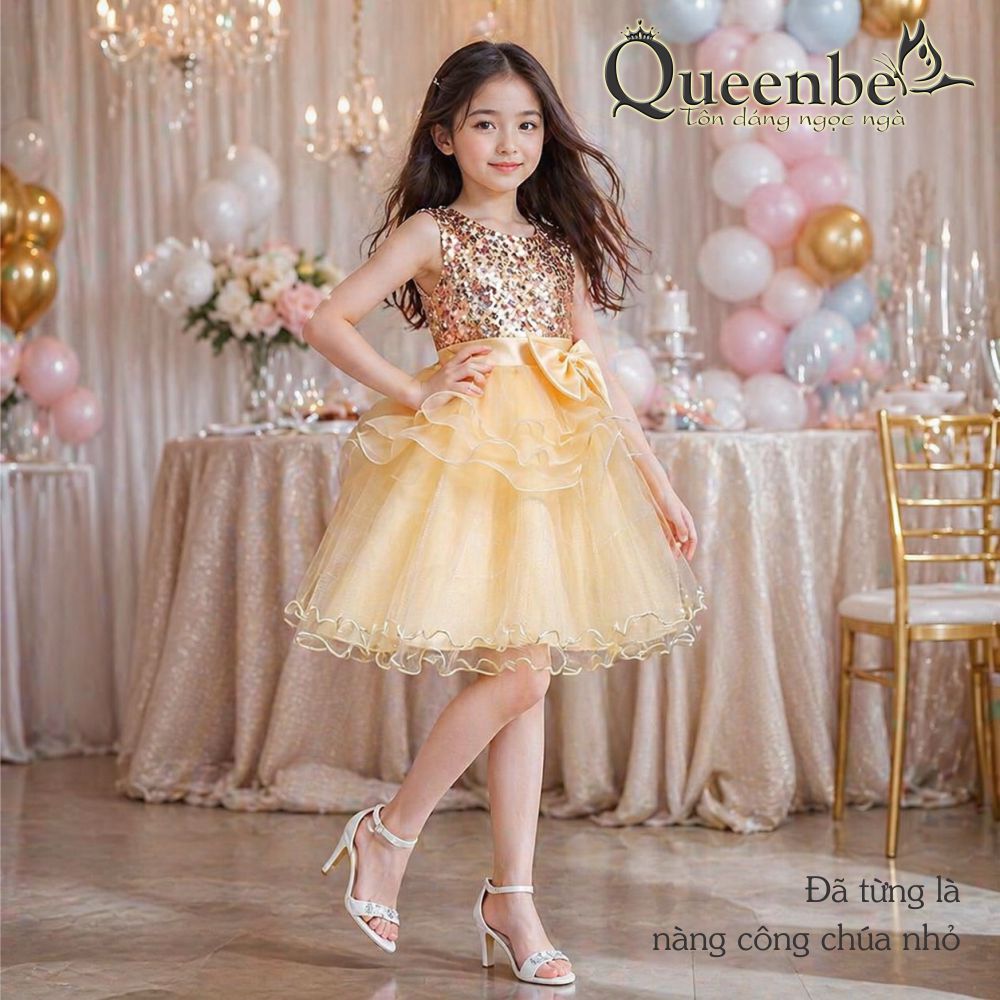 Váy đầm bé gái đính cườm Queenbe GLV103 thân váy bồng - lót mềm - dự tiệc - chơi lễ - sang trọng