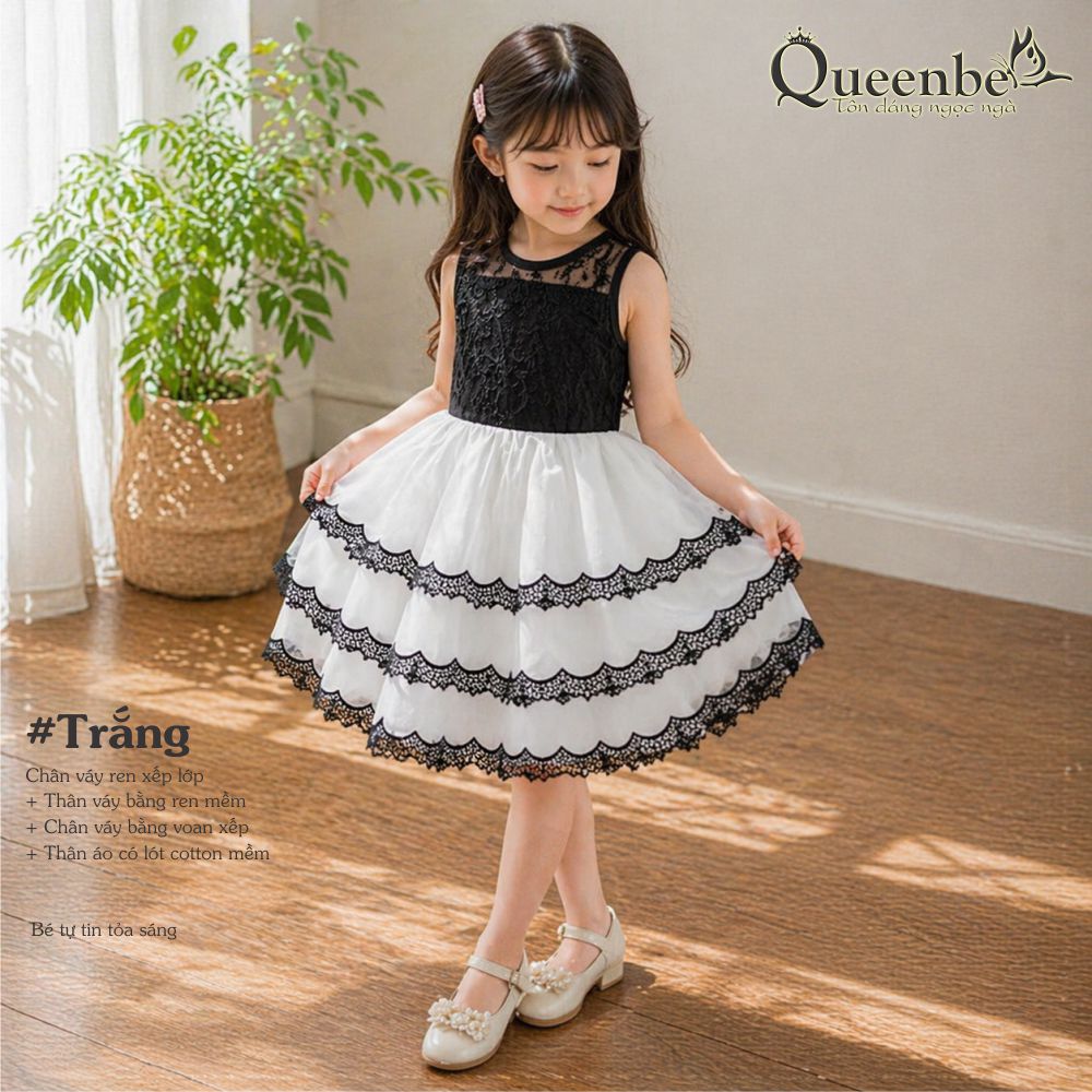 Váy đầm bé gái xếp lớp Queenbe GLV091 thân váy hai dây ren chân váy xếp bồng