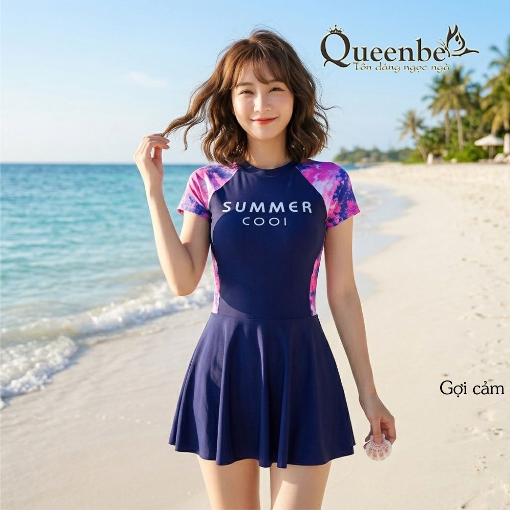 Váy đầm bơi liền thân quần rời có big size Queenbe GLSWIM090 kèm mút độn ngực vải thun Lycra co giãn ít thấm hút, mau khô