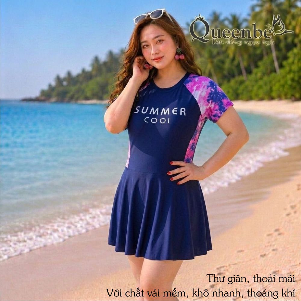 Váy đầm bơi liền thân quần rời có big size Queenbe GLSWIM090 kèm mút độn ngực vải thun Lycra co giãn ít thấm hút, mau khô