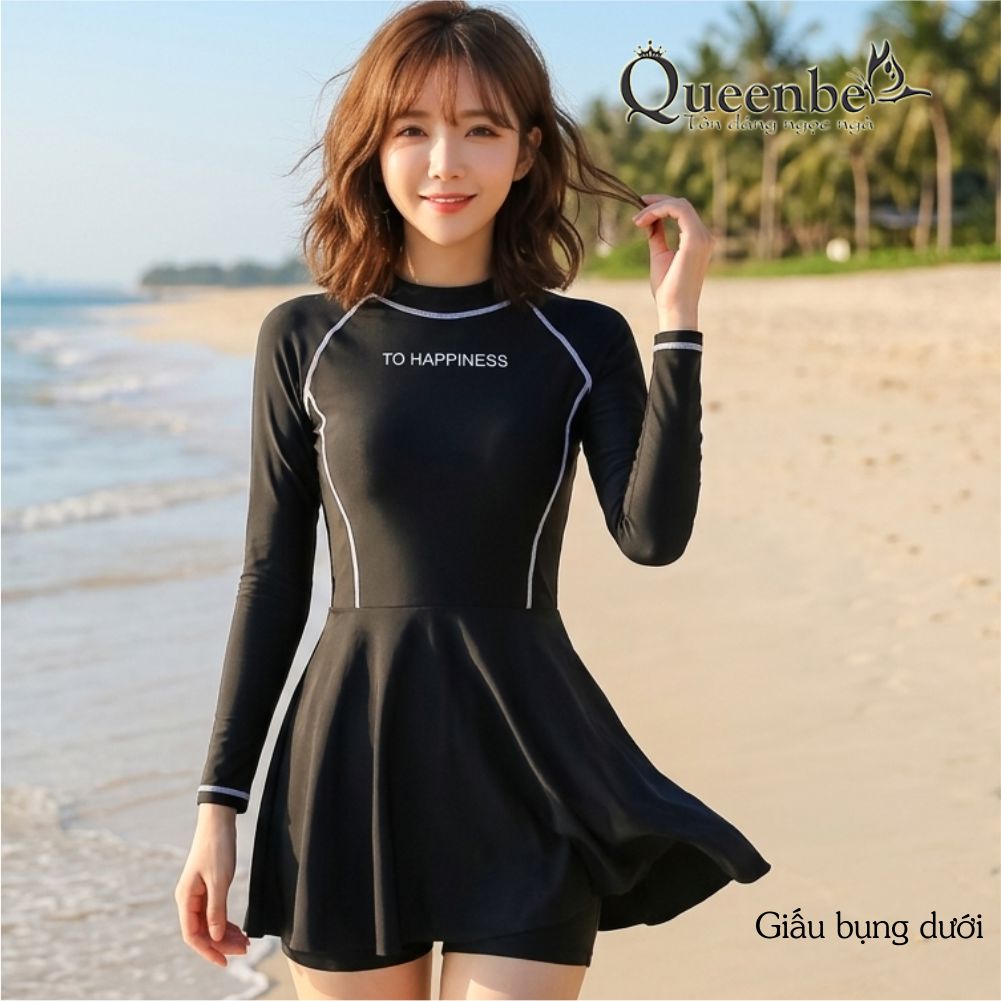 Váy đầm bơi nữ dài tay liền thân Queenbe GLSWIM085 kèm quần đùi và mút độn ngực vải Polyesster cao cấp