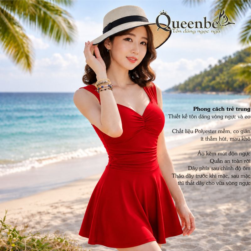 Váy đầm bơi nữ liền thân có big size Queenbe GLSWIM050 quần rời vải bơi co giãn ít thấm hút mau khô
