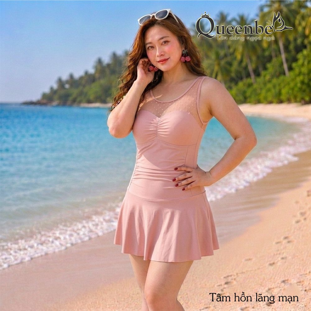 Váy đầm bơi nữ phối ren có big size Queenbe GLSWIM087 kèm quần đùi an toàn vải thun Lycra cao cấp co giãn, mềm mượt, ít thấm hút, mau khô