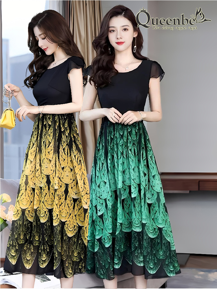 Váy đầm dài cổ tròn ngắn tay maxi in đuôi công Queenbe GLV152 vải voan cao cấp, trong lót cotton mềm, in tinh tế