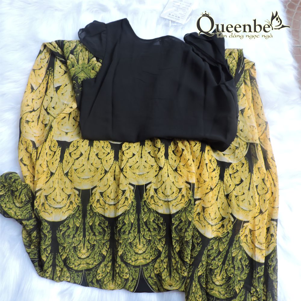 Váy đầm dài cổ tròn ngắn tay maxi in đuôi công có big size Queenbe GLV152 vải voan cao cấp, trong lót cotton mềm, in tinh tế