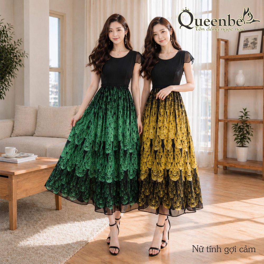 Váy đầm dài cổ tròn ngắn tay maxi in đuôi công có big size Queenbe GLV152 vải voan cao cấp, trong lót cotton mềm, in tinh tế