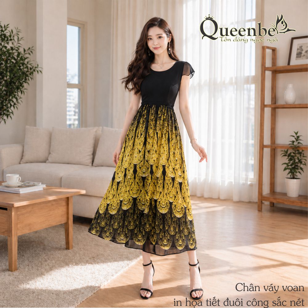 Váy đầm dài cổ tròn ngắn tay maxi in đuôi công có big size Queenbe GLV152 vải voan cao cấp, trong lót cotton mềm, in tinh tế