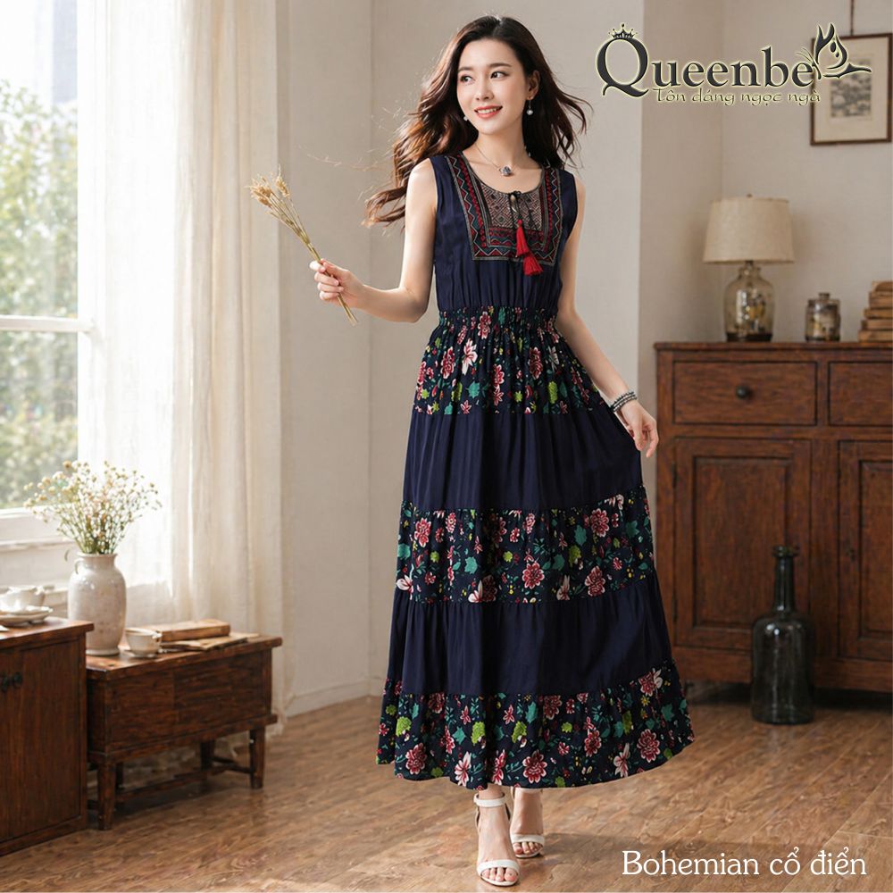 Váy đầm dài maxi kiểu bohemian Queenbe GLV140 vải gai