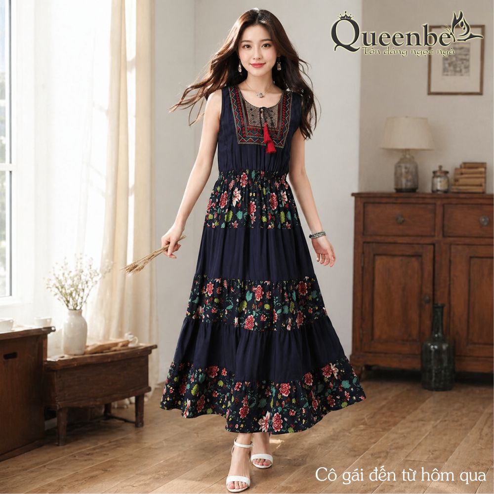 Váy đầm dài maxi kiểu bohemian Queenbe GLV140 vải gai