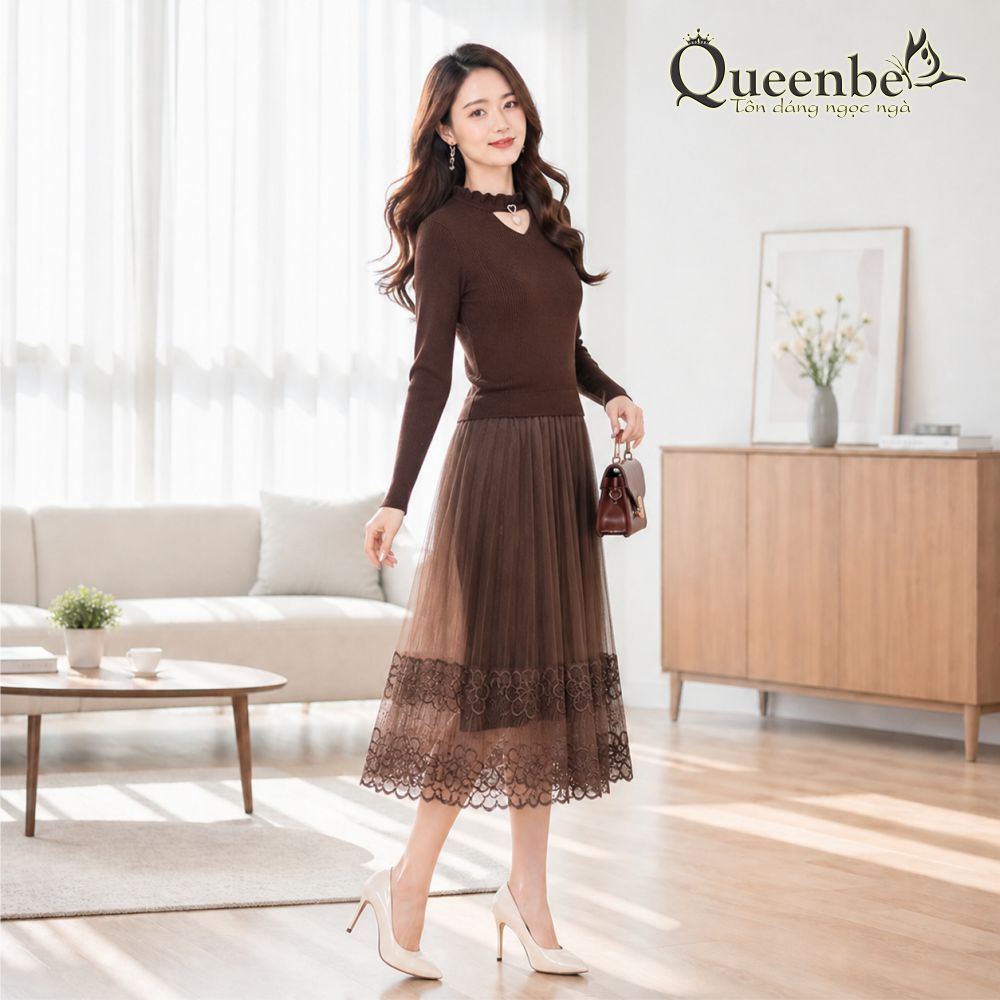 Váy đầm len phối chân váy ren Queenbe GLV163