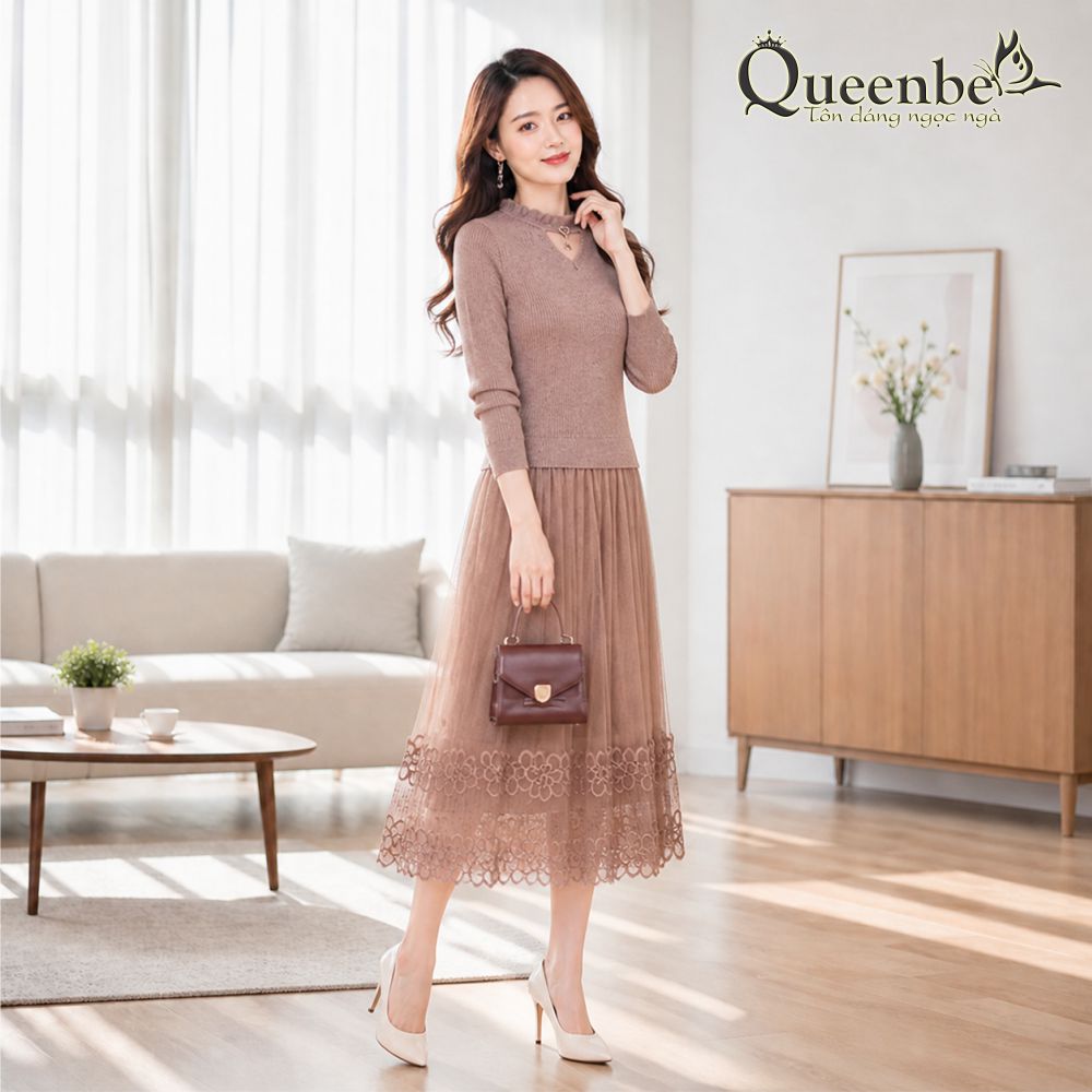 Váy đầm len phối chân váy ren Queenbe GLV163