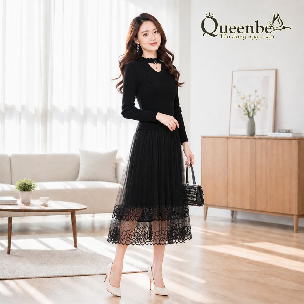 Váy đầm len phối chân váy ren Queenbe GLV163
