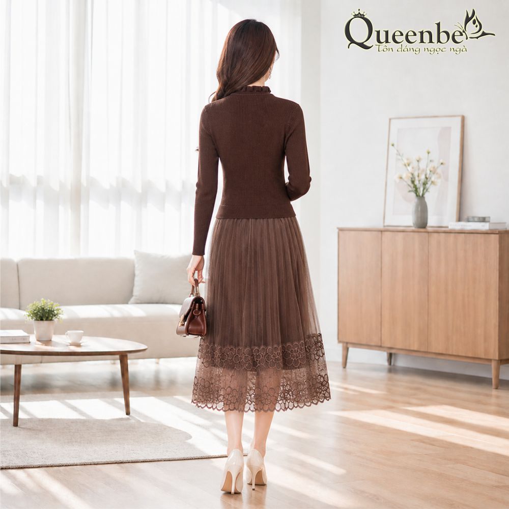 Váy đầm len phối chân váy ren Queenbe GLV163