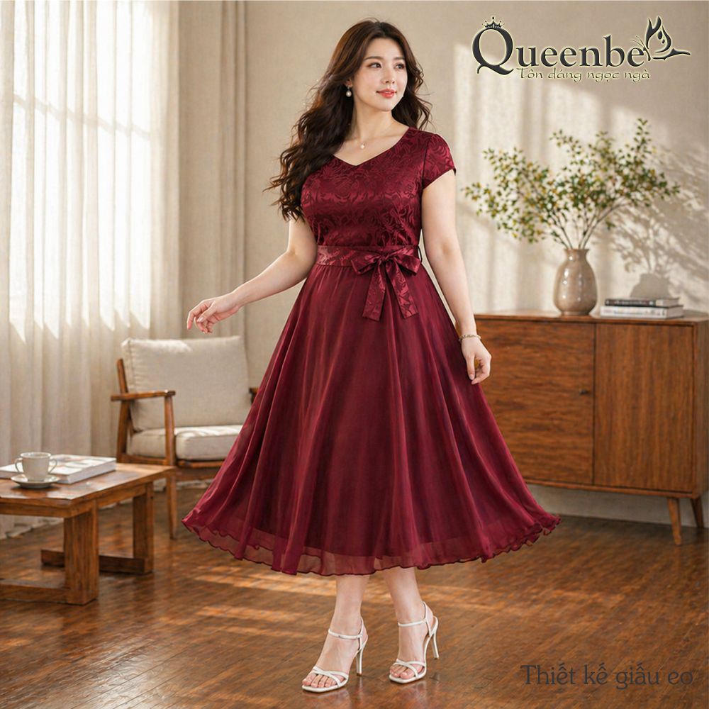 Váy đầm midi thắt eo sang trọng Queenbe GLV118 có big size