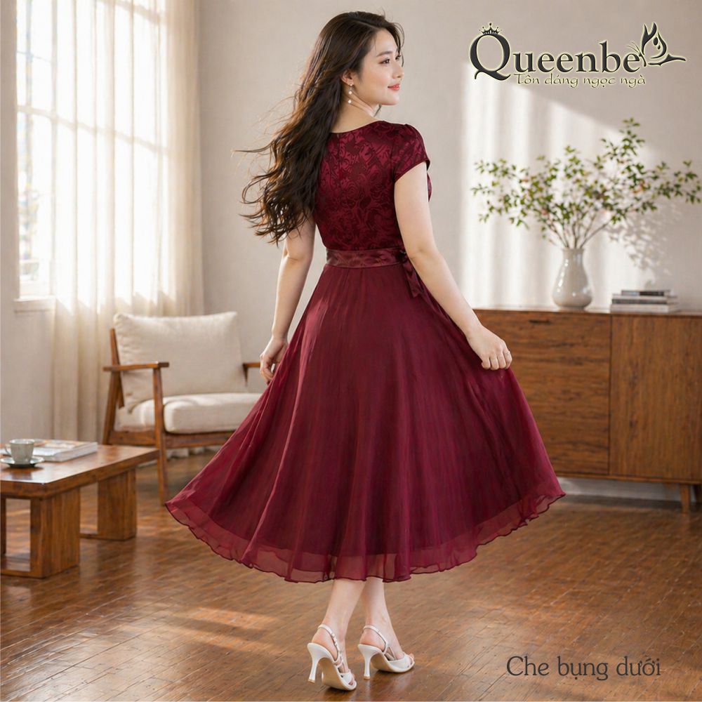 Váy đầm midi thắt eo sang trọng Queenbe GLV118 có big size