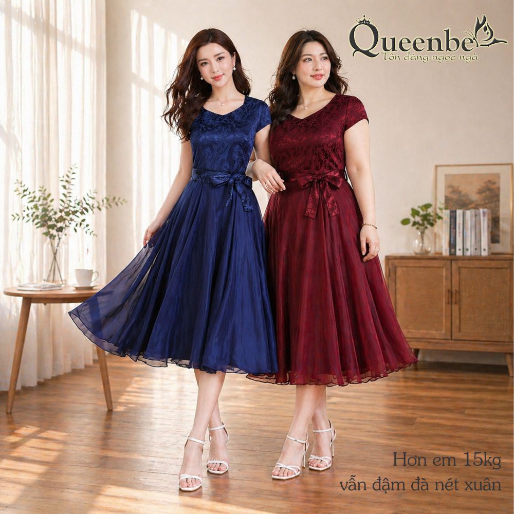 Váy đầm midi thắt eo sang trọng Queenbe GLV118 có big size