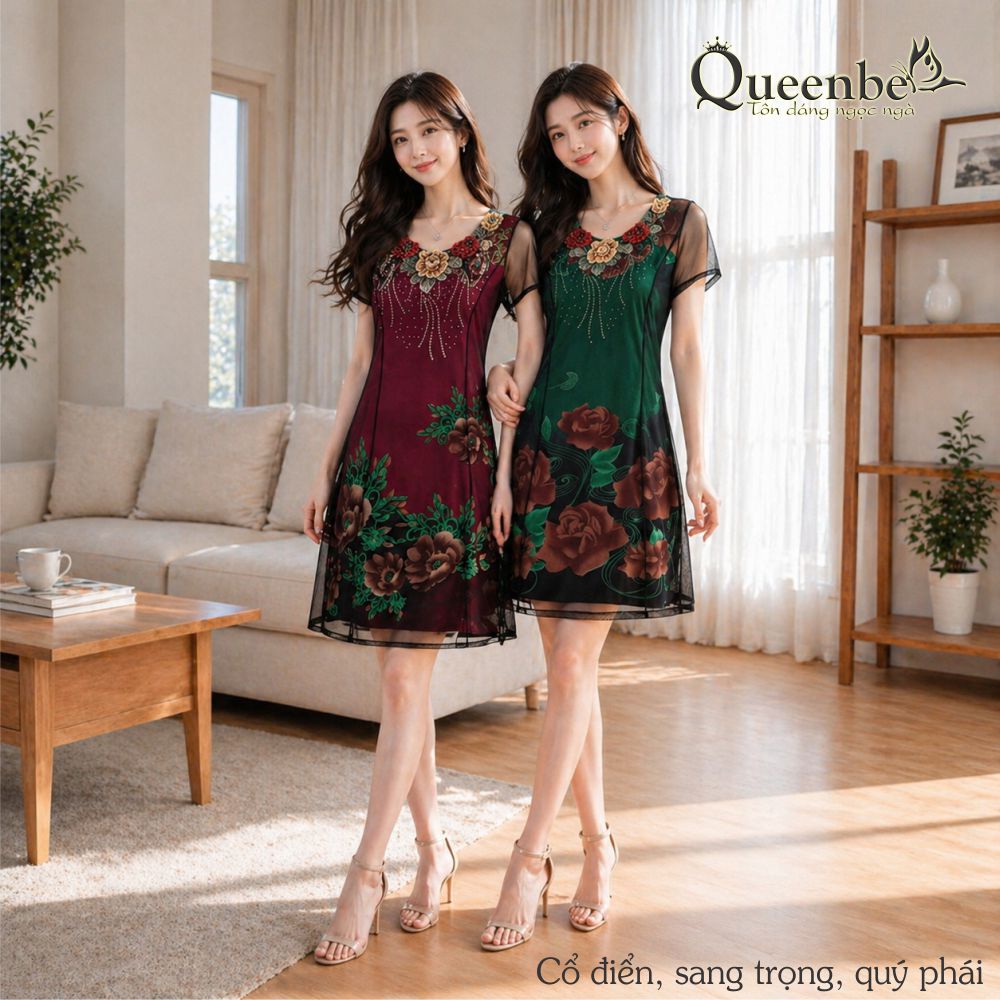 Váy đầm suông big size quý phái Queenbe GLV138 vải cotton phối lưới mềm thêu và đính đá
