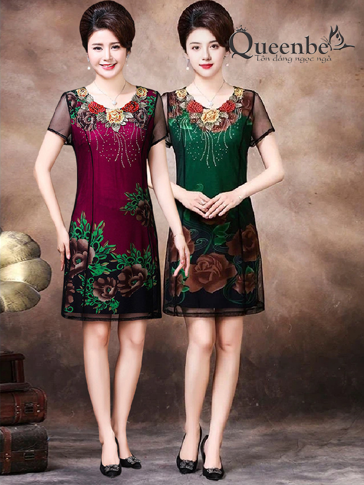 Váy đầm suông big size quý phái Queenbe GLV138 vải cotton phối lưới mềm thêu và đính đá