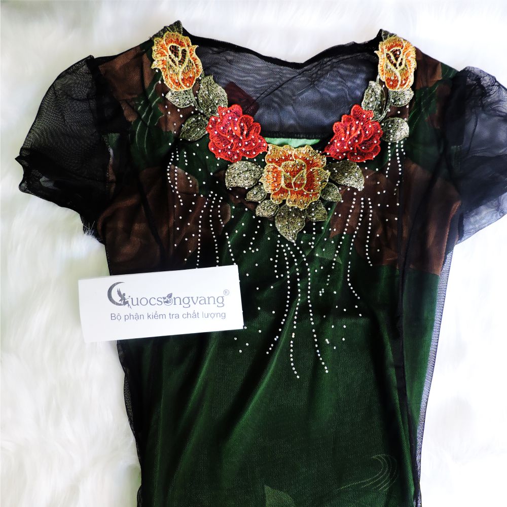 Váy đầm suông big size quý phái Queenbe GLV138 vải cotton phối lưới mềm thêu và đính đá
