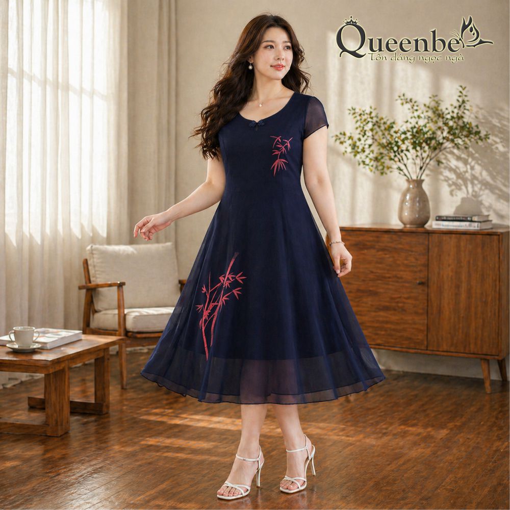 Váy đầm suông cổ tròn in họa tiết Queenbe GLV122 big size