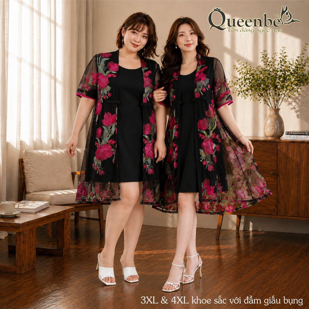 Váy đầm suông kèm áo choàng thêu hoa Queenbe GLV123 big size
