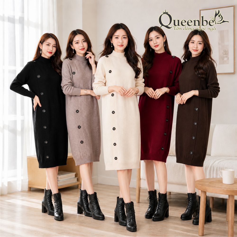 Váy đầm suông len lông cừu cổ lọ dài tay Queenbe GLV183 không xù không vón cục