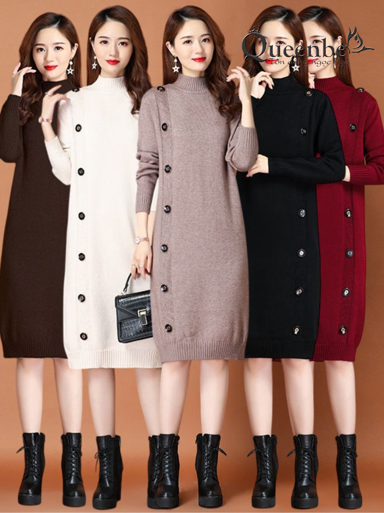 Váy đầm suông len lông cừu cổ lọ dài tay Queenbe GLV183 không xù không vón cục