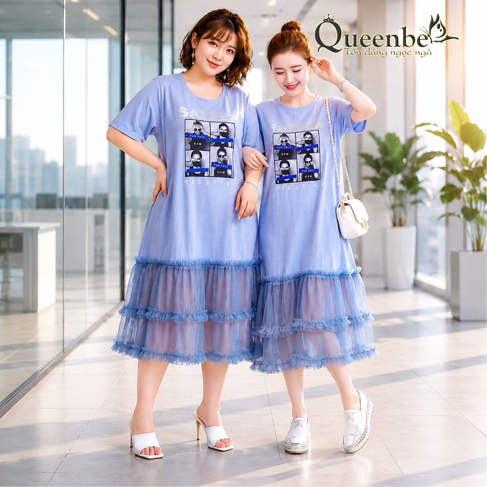 Váy đầm suông ngắn tay cotton phối lưới chân váy có big size Queenbe GLV097