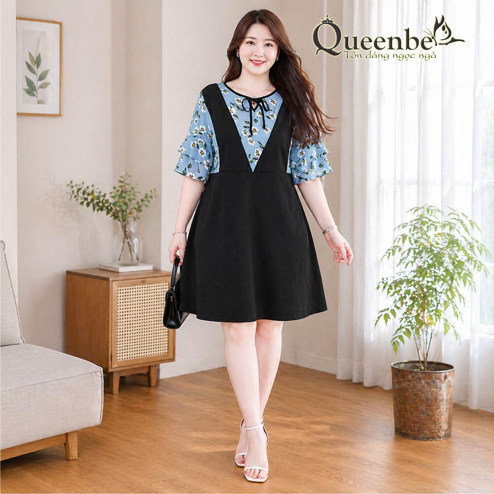Váy đầm suông xòe big size giấy bụng tay lỡ cổ tròn Queenbe GLV077 vải cotton phối voan cổ điển