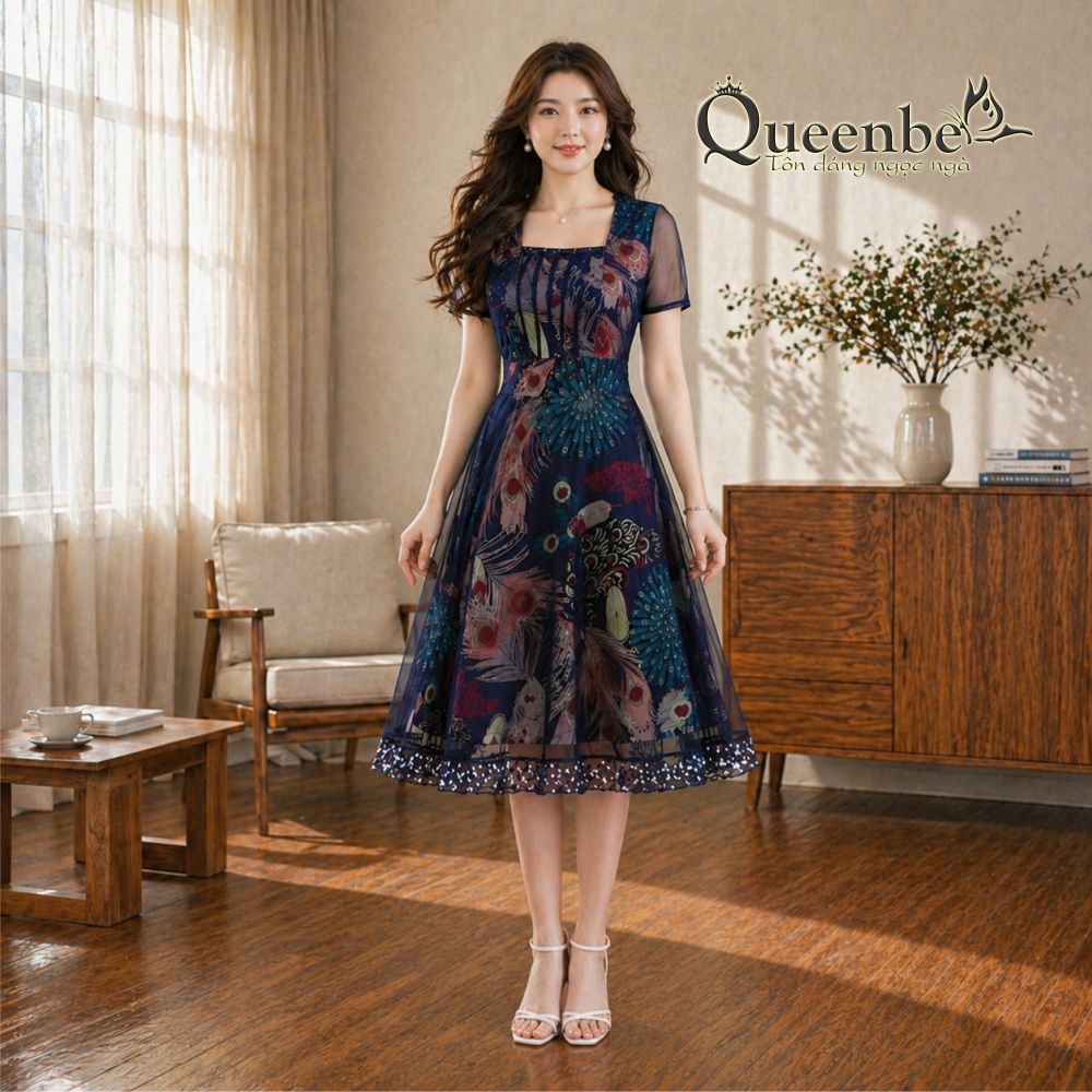Váy đầm suông xòe in đuôi công váy đầm big size GLV141