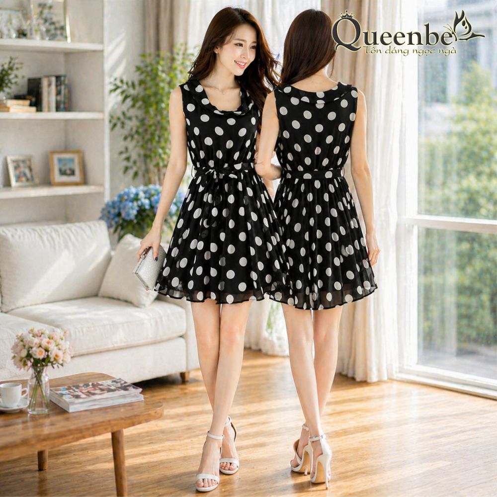 Váy đầm voan chấm bi thân áo hai lớp Queenbe GLV003