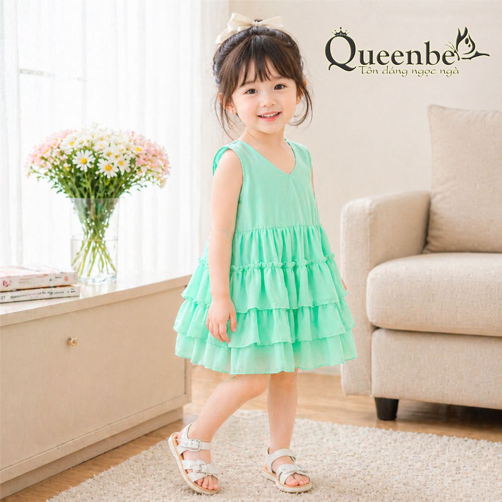 Váy đầm xếp bé gái Queenbe GLV041 vải voan mềm thoáng mát 1 tuổi, 2 tuổi, 3 tuổi