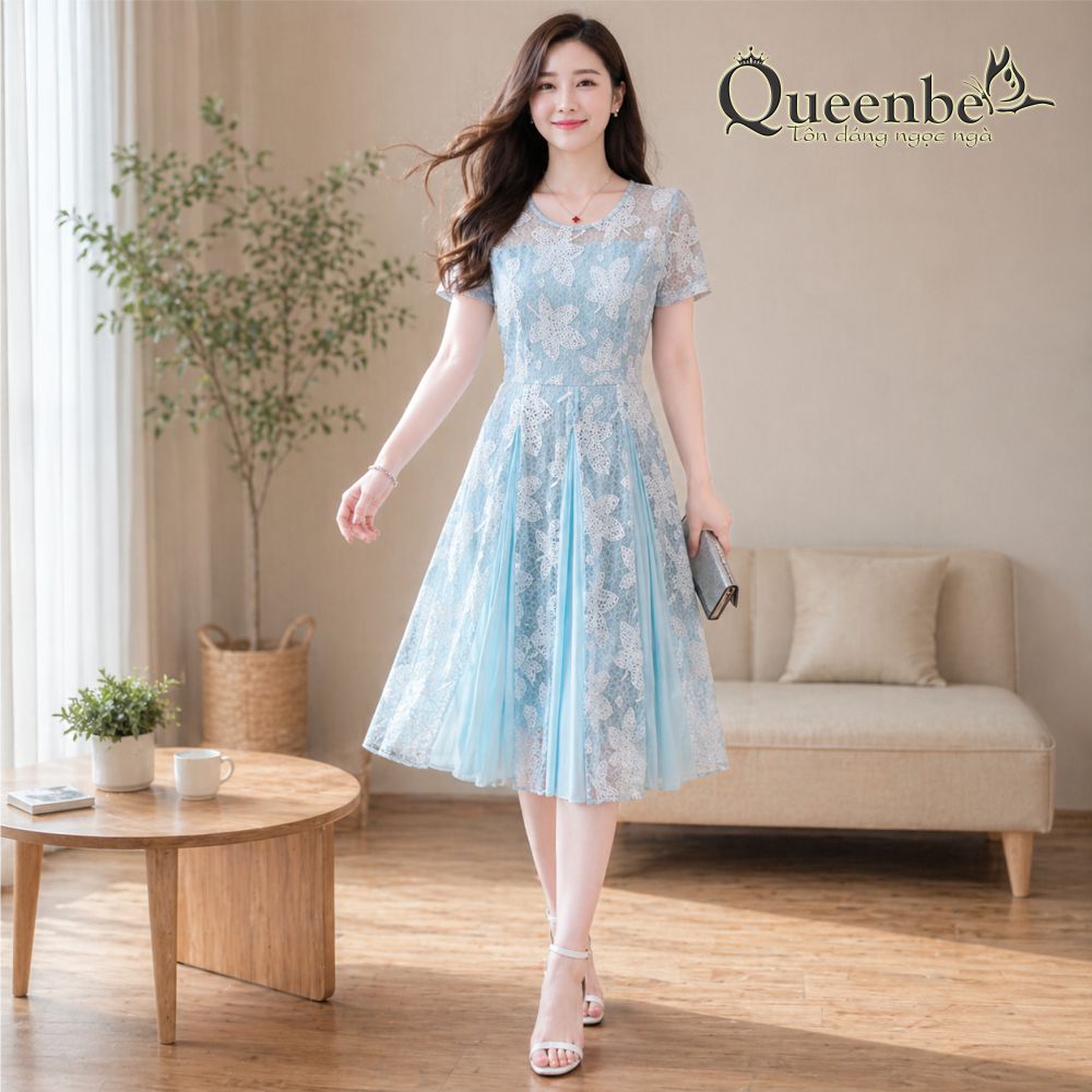 Váy đầm xòe big size ngắn tay thêu ren tinh tế có big size Queenbe GLV098