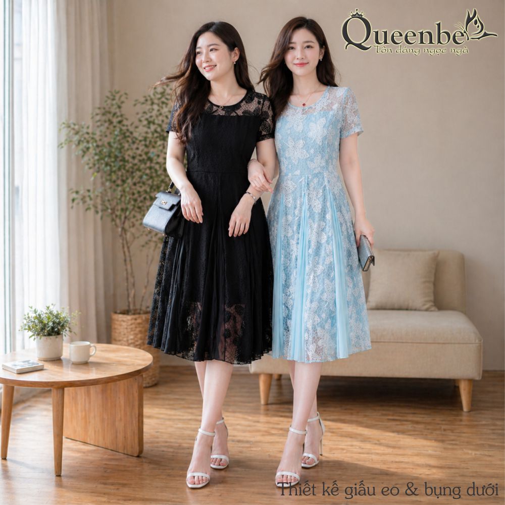 Váy đầm xòe big size ngắn tay thêu ren tinh tế có big size Queenbe GLV098