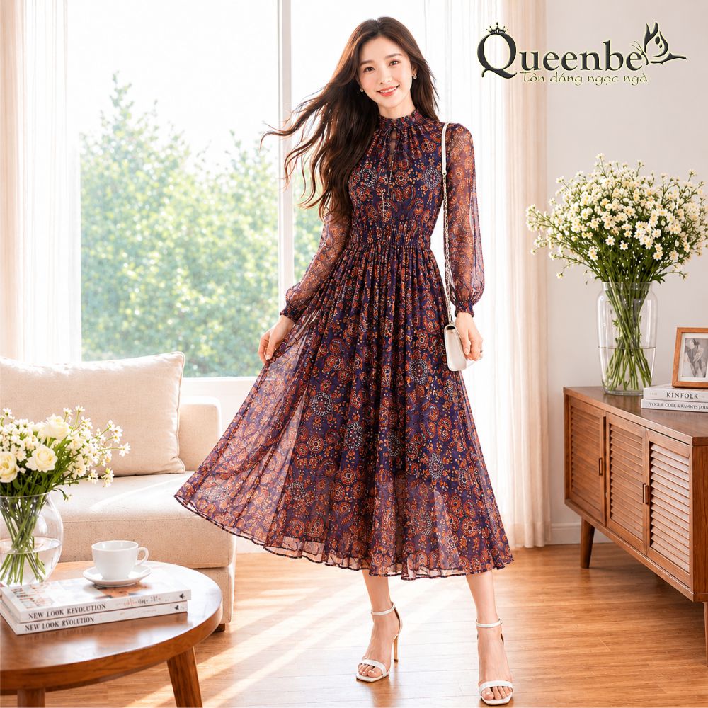 Váy đầm xòe cổ trụ tay lỡ Queenbe GLV036 voan lụa mềm